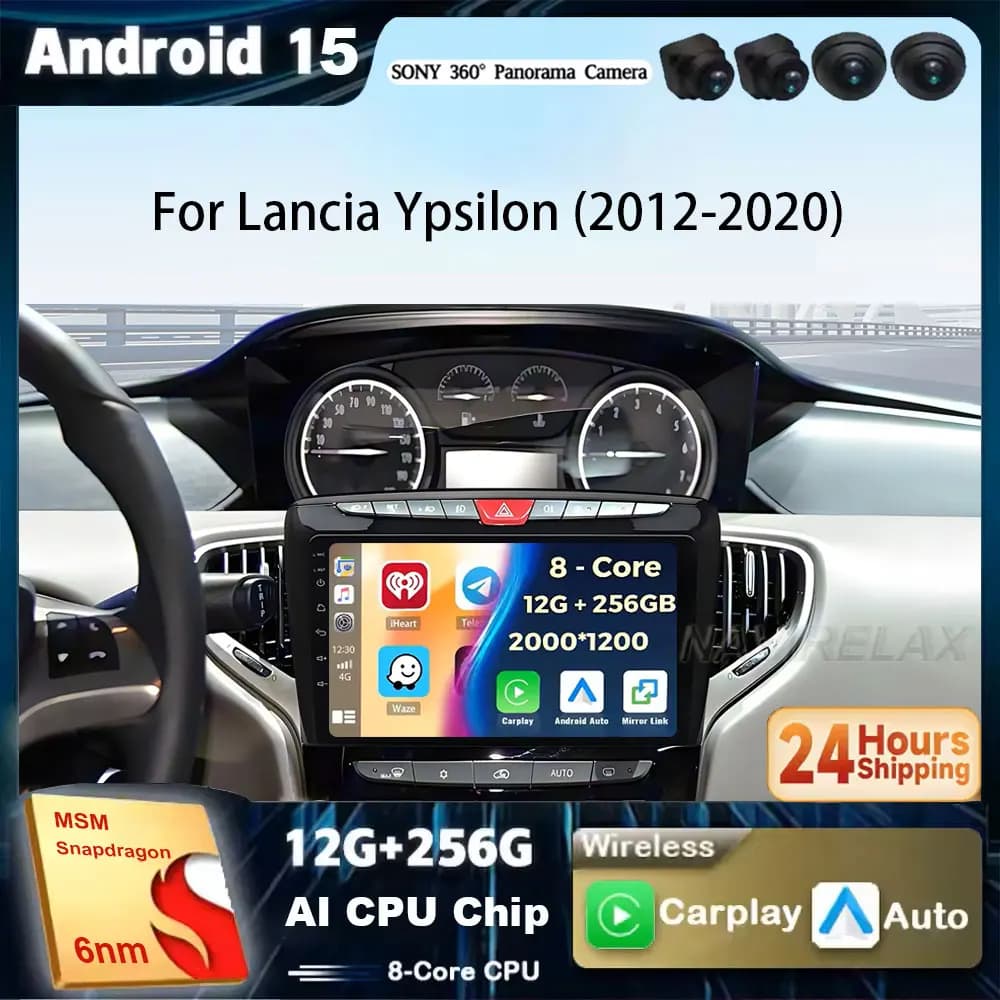 Per Lancia Ypsilon 2012-2020: Navigatore GPS, Autoradio Multimediale Wireless Android 15, CarPlay, Schermo QLED 2K