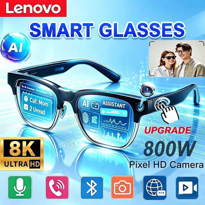 Lenovo Upgrade Smart AI Glasses 800W HD 8K Shooting Camera Photo Video Voice Call Translation Bluetooth Motorcycle Glasses