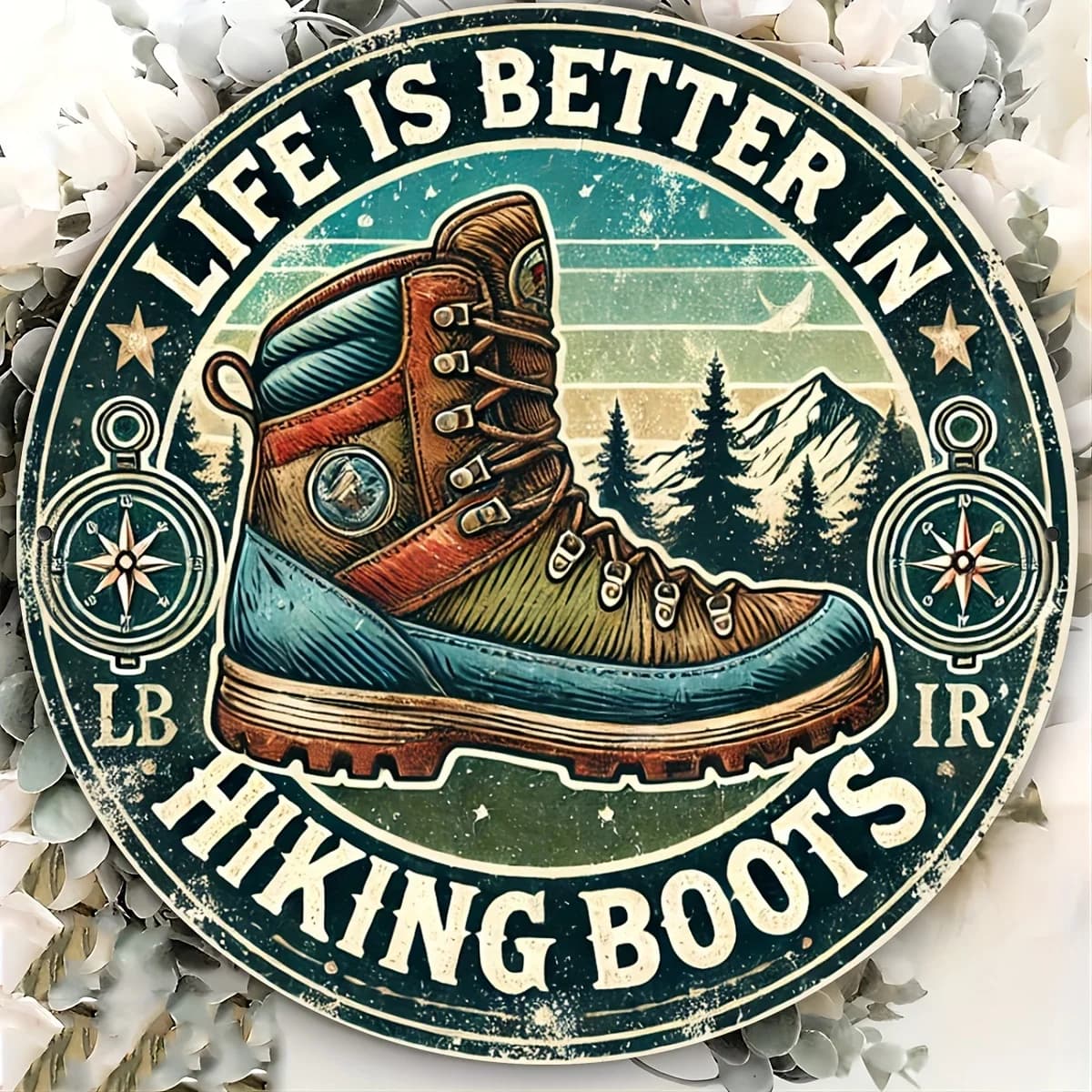 1pc Life is Better in Hiking Boots Aluminum Wall Art Sign - 8x8 Inch Round Foil Engraved Metal Decor with Waterproof, Fade Resis