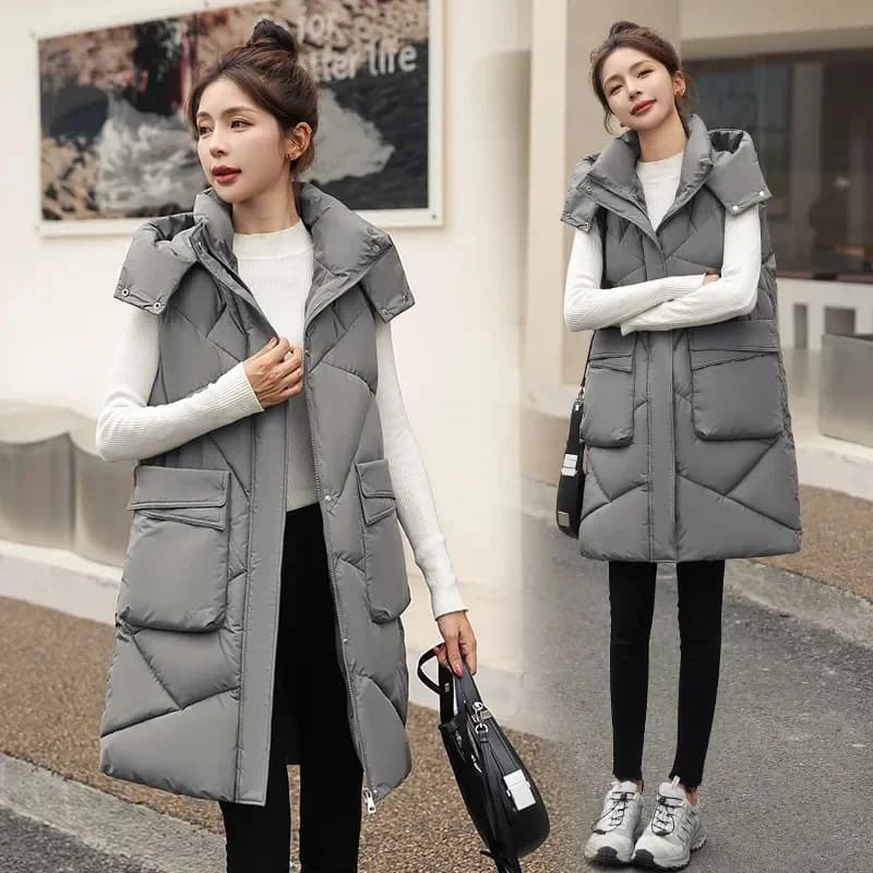 Gilet caldo da donna lungo con cappuccio invernale Gilet da donna staccabile solido Gilet senza maniche Giacca Parka Cappotti Gilet di cotone femminile