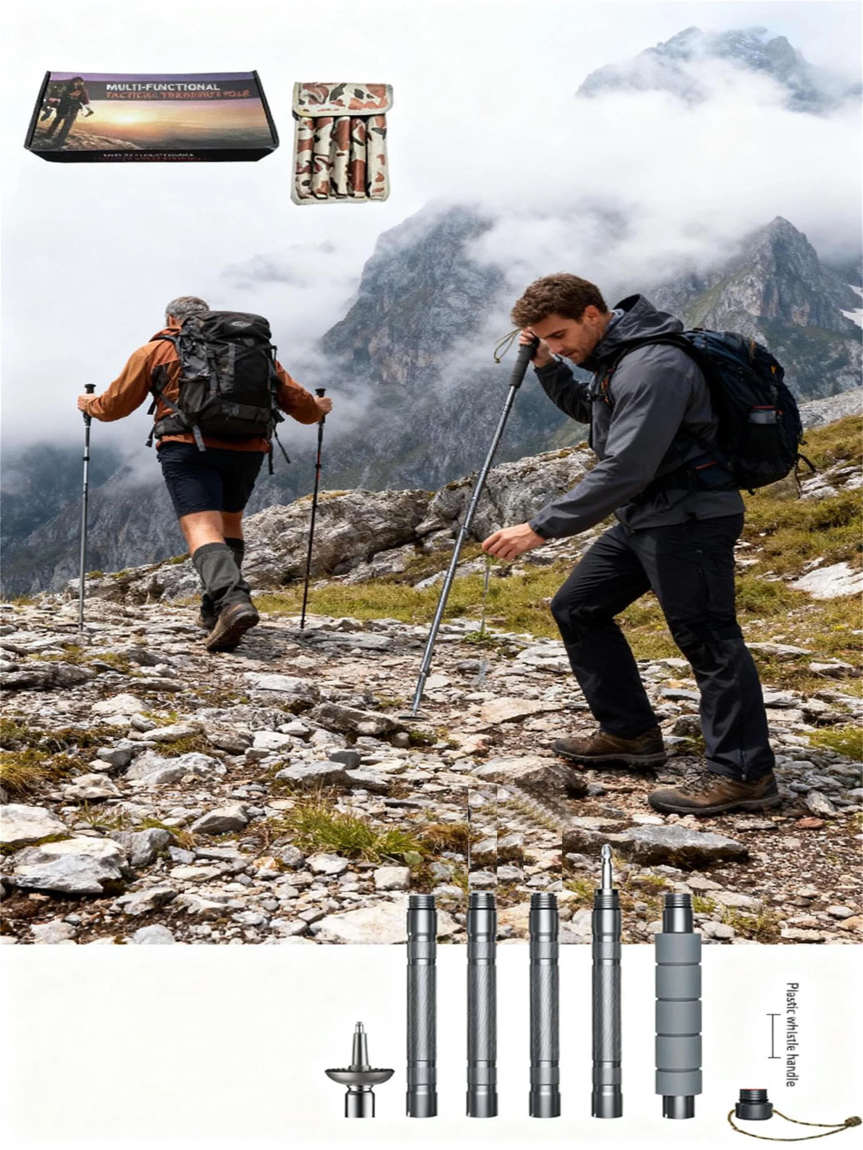 Multifunctional Trekking Stick Aluminum Alloy 6 Sections Foldable Trek Stick Outdoor Telescopic Mountaineering Cane Light Wi