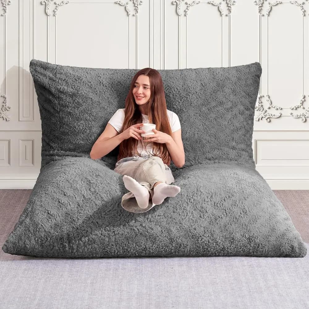 Poltrona a sacco 4 in 1, divano gigante con imbottitura in memory foam, sedia a sacco per adulti, fodera in pelliccia sintetica lavabile in lavatrice