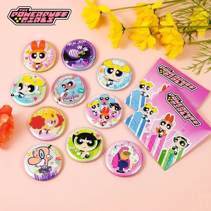 Full Box of Official Powerpuff Girls Merchandise Tin Badge Blind Boxes Double-flash Glitter Pin Collectibles One Random Piece