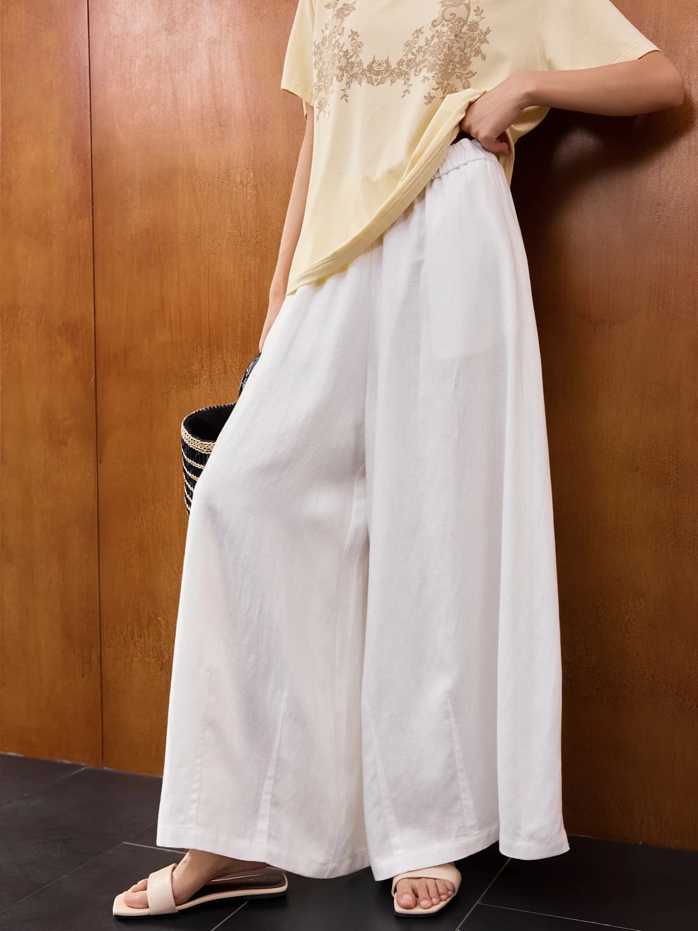 Jiancha Summer Fren Pantaloni a gamba larga 9 punti Lino bianco Lyocell Casual Vita alta Taglio dritto Pendolarismo Sle Jeans da donna