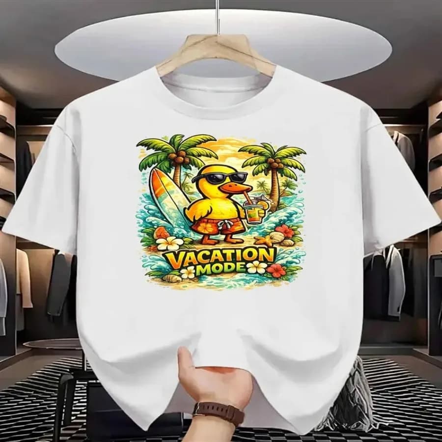 【Nuovo arrivo】T-shirt da uomo e da donna "Vacation Mode" con stampa divertente di anatre, spiaggia tropicale, estate, casual, in cotone