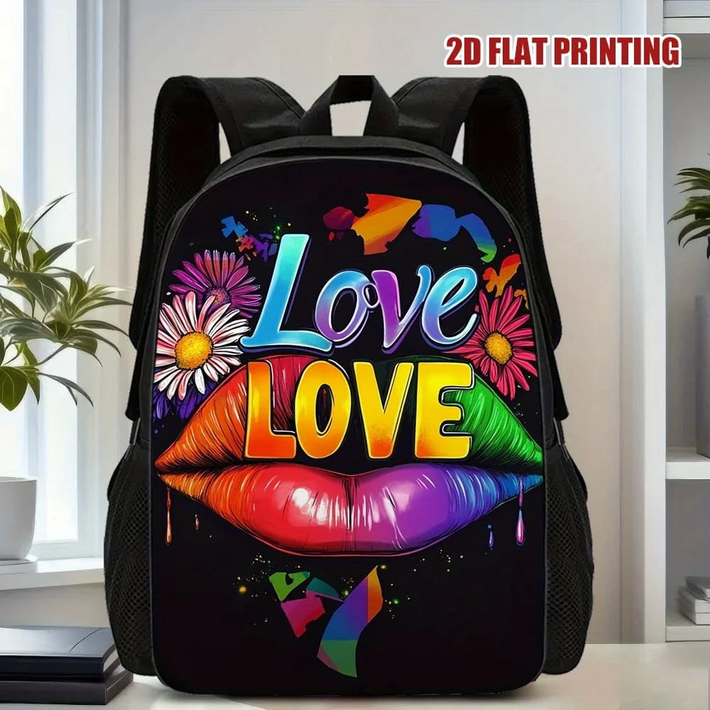 1 stylish backpack with rainbow print of flowers and lips - Spacious and light adult working bag with adjustable ergonomic shoulder strap