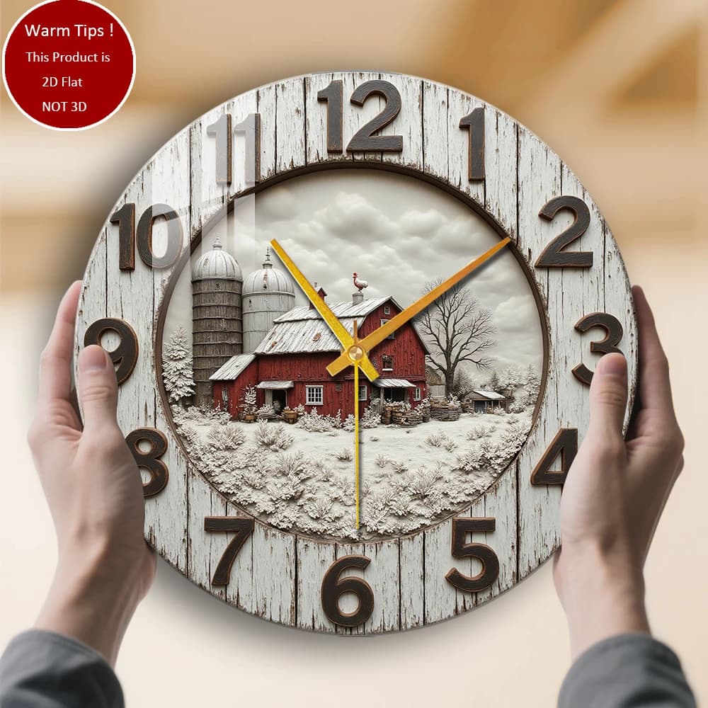 Orologio da parete in vetro temperato Scena di fattoria nevosa del fienile rosso adatto per decorazioni murali o display da tavolo ovunque