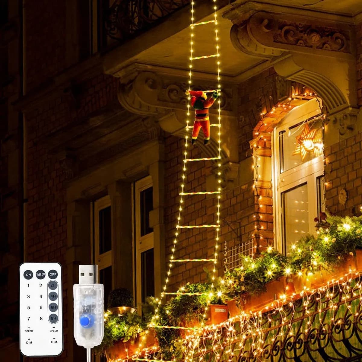 Lampada a scala a LED natalizia che si arrampicano la scena di Babbo Natale, luce fata impermeabile per decorazioni natalizie all'aperto per la casa, regalo di Capodanno