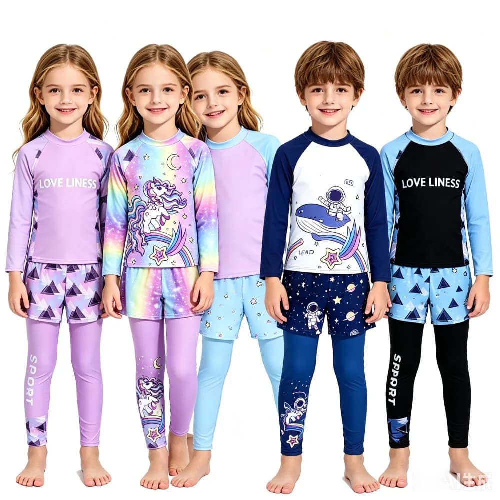 Girls Long Sleeve Rash Guard 3 Piece Swimsuit Rainbow Unicorn Split Swim Shorts Leggings Quick Dry Kids Beach Pool Bathing Suit
