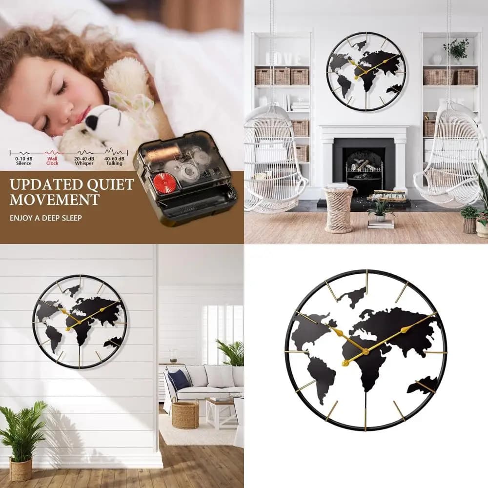 Minimalist Wall Clock with World Map in Metal 30 Inches, Silent Battery for Home and Office Furniture