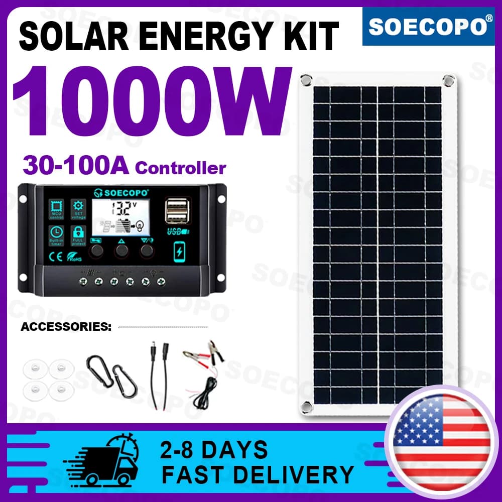 (Stock USA 2-8 Days) SOECOPO 1000W Solar Kit with 18V Panel + 100A Portable for Camping, Renewable Energy and Ecological