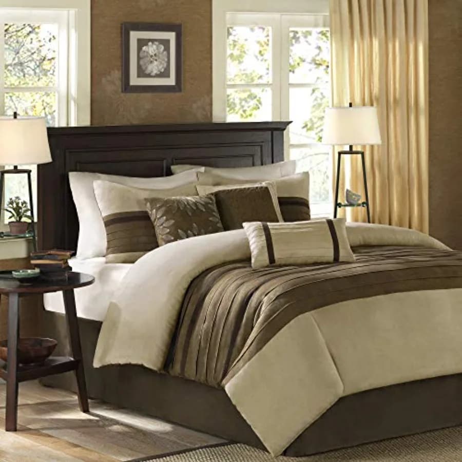 Palmer Comforter Set - Faux Suede Design Striped Accent All Season Down Alternative Bedding Matching Shams Decorative Pillow Be