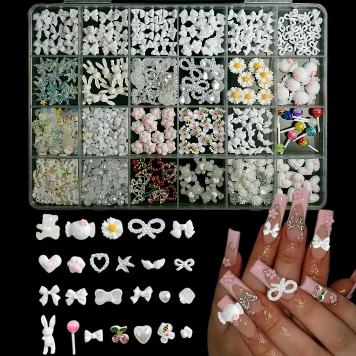 1 scatola di ciondoli per unghie con fiocco in resina serie bianca, margherita, fiore, cuore, simpatico cartone animato, coniglio, orso, ape, decorazione per unghie per artigianato fai da te