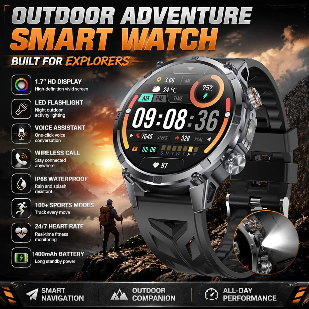 New T-RX4 Ultra Military Outdoor Sports Smart Watch For Men Compass SOS Flashlight Health Watches IP68 Waterproof Smartwatch Men