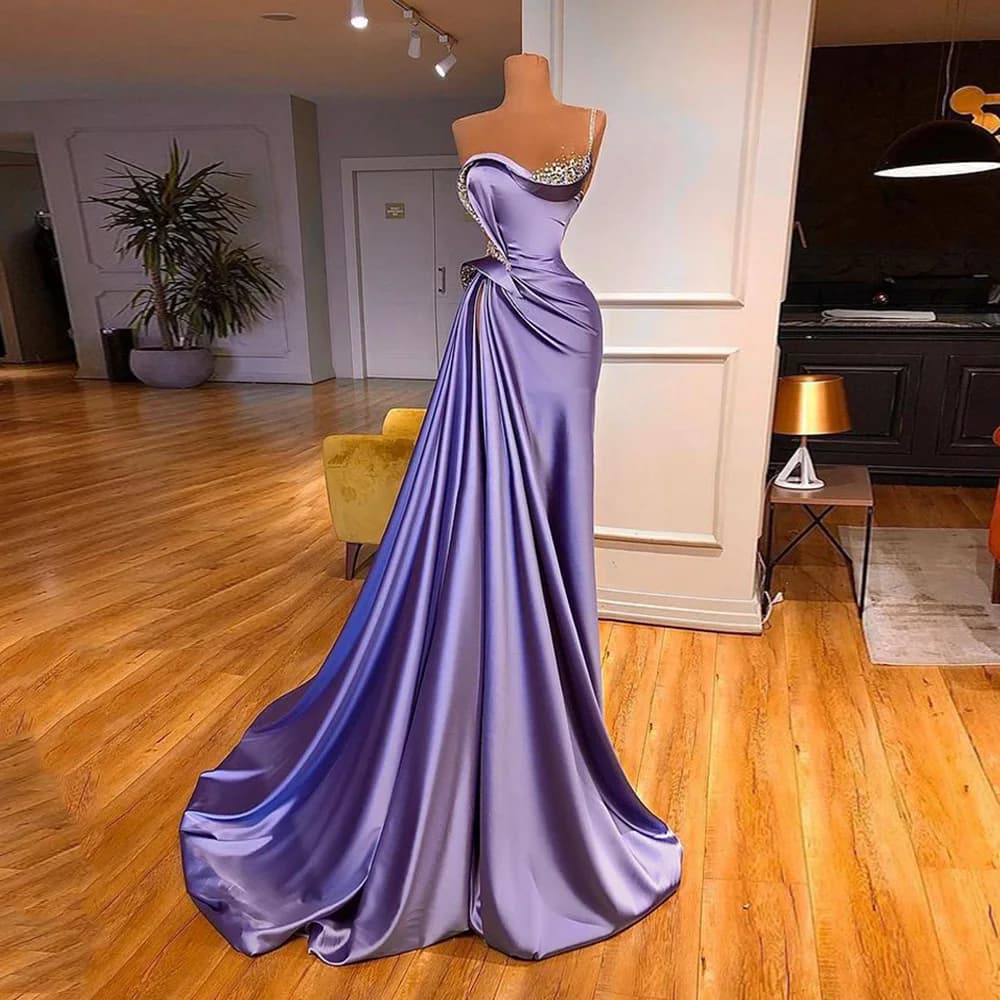 Abito da sera lilla 2022 perline pietre monospalla increspato Sweep Train Robe De Soiree abiti da spettacolo per donne