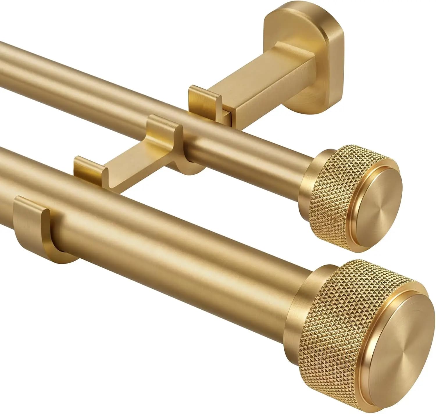 Premium Double Curtain Rod Set, Heavy Duty Nonadjustable Drapery Rods For Windows, Living Room Bedroom Dual Window Treatments With Aluminum Finials And Concealed Mounting Bracket, Brushed Gold