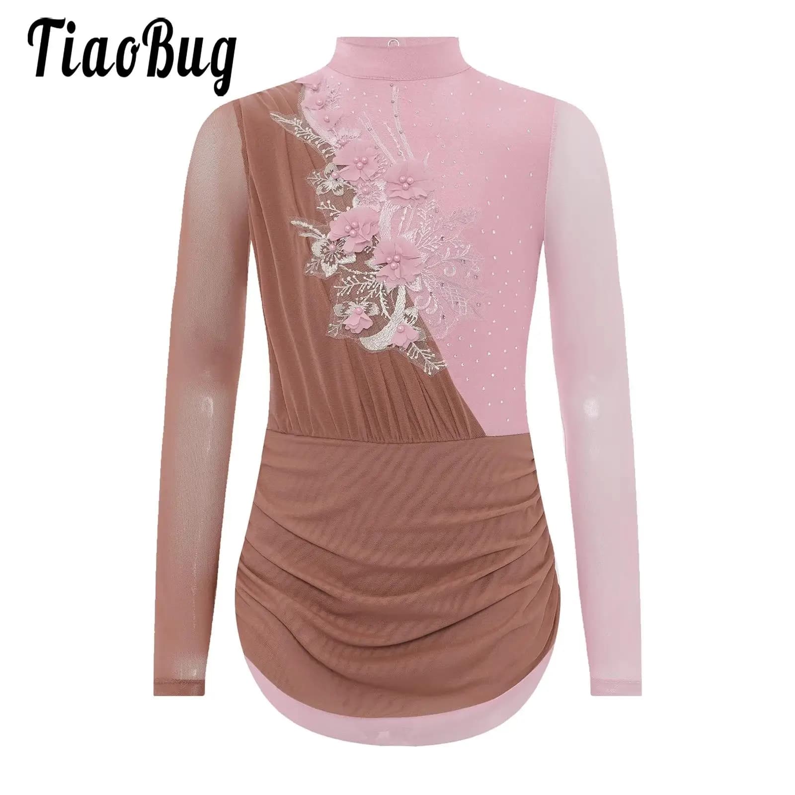 Vestito da pattinaggio su ghiaccio per bambina, body con gonna in rete a maniche lunghe, costume da ballo lirico, body contemporaneo, abbigliamento da ballo
