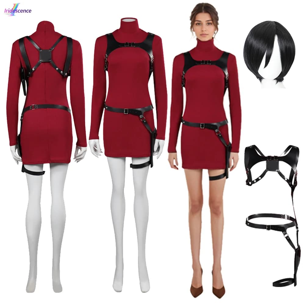 Ada Wong Cosplay Costume Wig Woman Red Dress with Belt Adult Women's Dresses Girls Halloween Carnival Party Uniform Coating