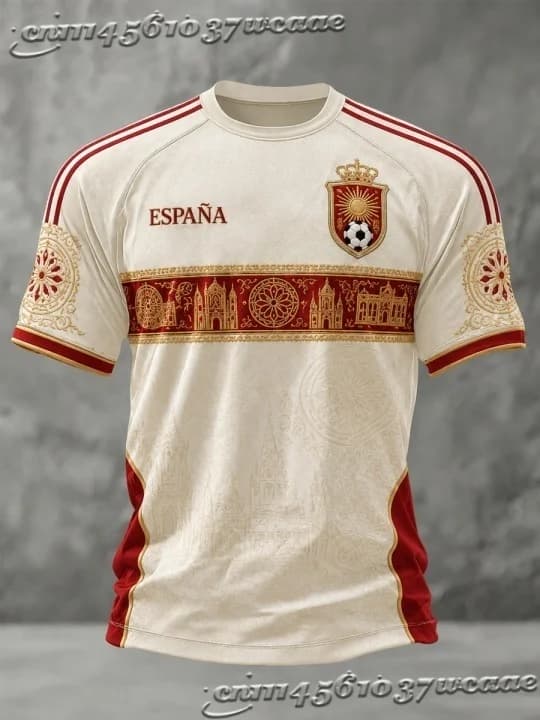 Spain Soccer Jersey Iberian Historic Architecture Print Baroque Golden Ornament Motifs 2026 Custom Crest Fan Football Shirt