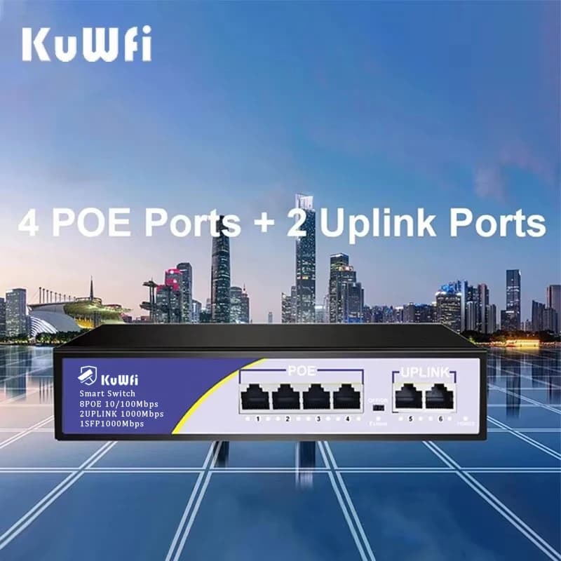 Power Adapter POE KuWFi Smart Ethernet Switch 6 Doors 100Mbps 4 PoE + 2 UpLink with Home Network Hub for Internal Power Office for IP Camera