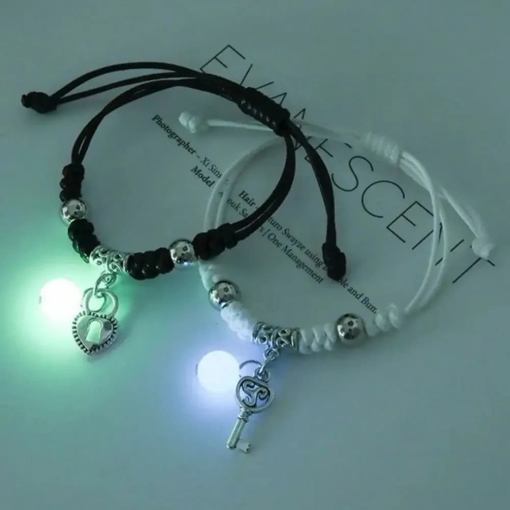 2Pcs Adjustable Luminous Beads Couple Bracelet Woven Rope Star Charms Bracelet Set Flower Cat Friendship Bracelet Friend Gift