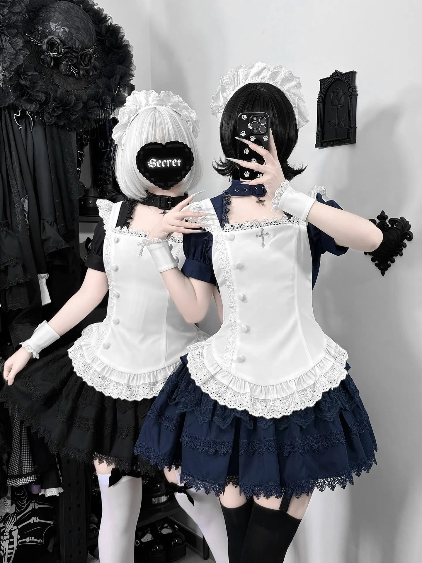 Abito da cameriera Gothic Lolita nero/blu navy con doppio opaco e grembiule, gonna a balze in pizzo, set completo di abito da cameriera Sweet Lolita giapponese