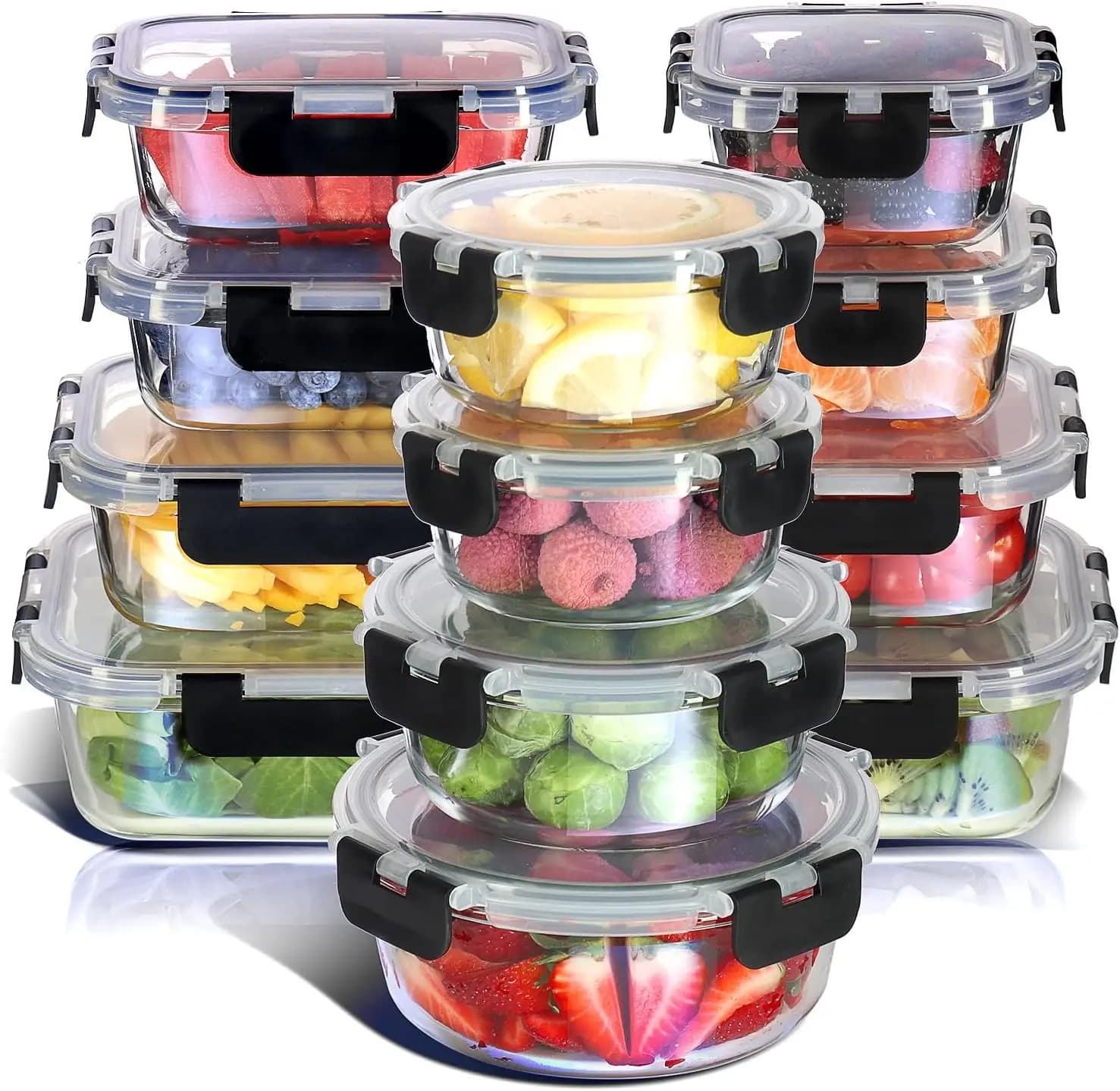 Set di 24 Contenitori per Alimenti (12 Ermetici, Adatti al Congelatore e 12 Coperchi), Contenitori per Dispensa e Cucina, Contenitori in Vetro per Preparazione Pasti