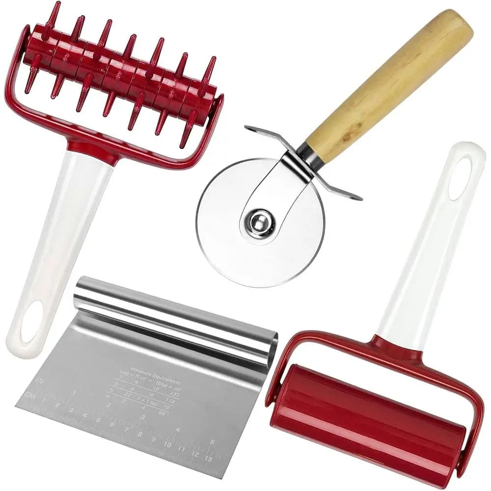 4-Piece Pizza Tool Set: Dough Cutter, Roller, Docker, and Pizza Cutter Wheel for Efficient Baking