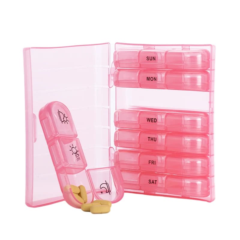 Weekly pink pills 3 times a day Compact 7-day pills for managing your vitamins, supplements and fish oils medicines