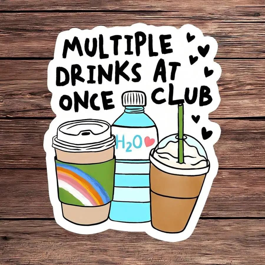 1PC Funny Coffee & Water Sticker – Multiple Drinks At Once Club | Cute Vinyl Decal For Iced Coffee, Hot Coffee, Water Bottles & More | Hydration & Caffeine Lover Gift | Aesthetic Barista Sticker For Laptops, Notebooks, And Tumblers