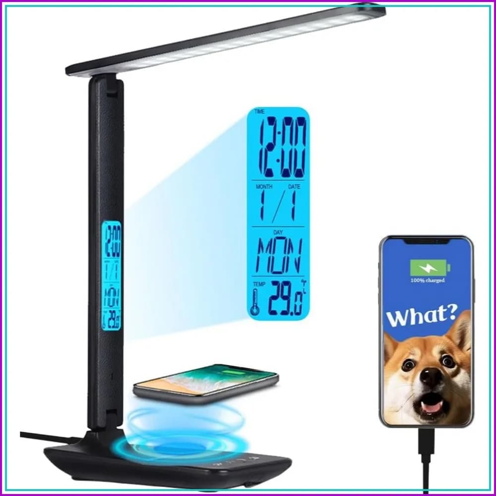 LED Desk Lamp with Wireless Charger, USB Port, Clock, Phone Holder, Eye-Caring, Dimmable, Black