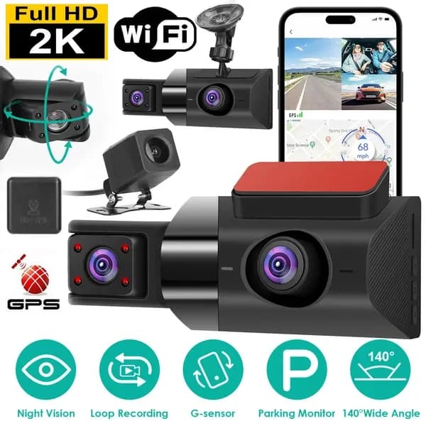 Videocamera per Auto 2K a 3 Canali con Angolo di 140°, GPS, WiFi, Visione Notturna, Sensore G, Registrazione in Loop e Funzione Parcheggio