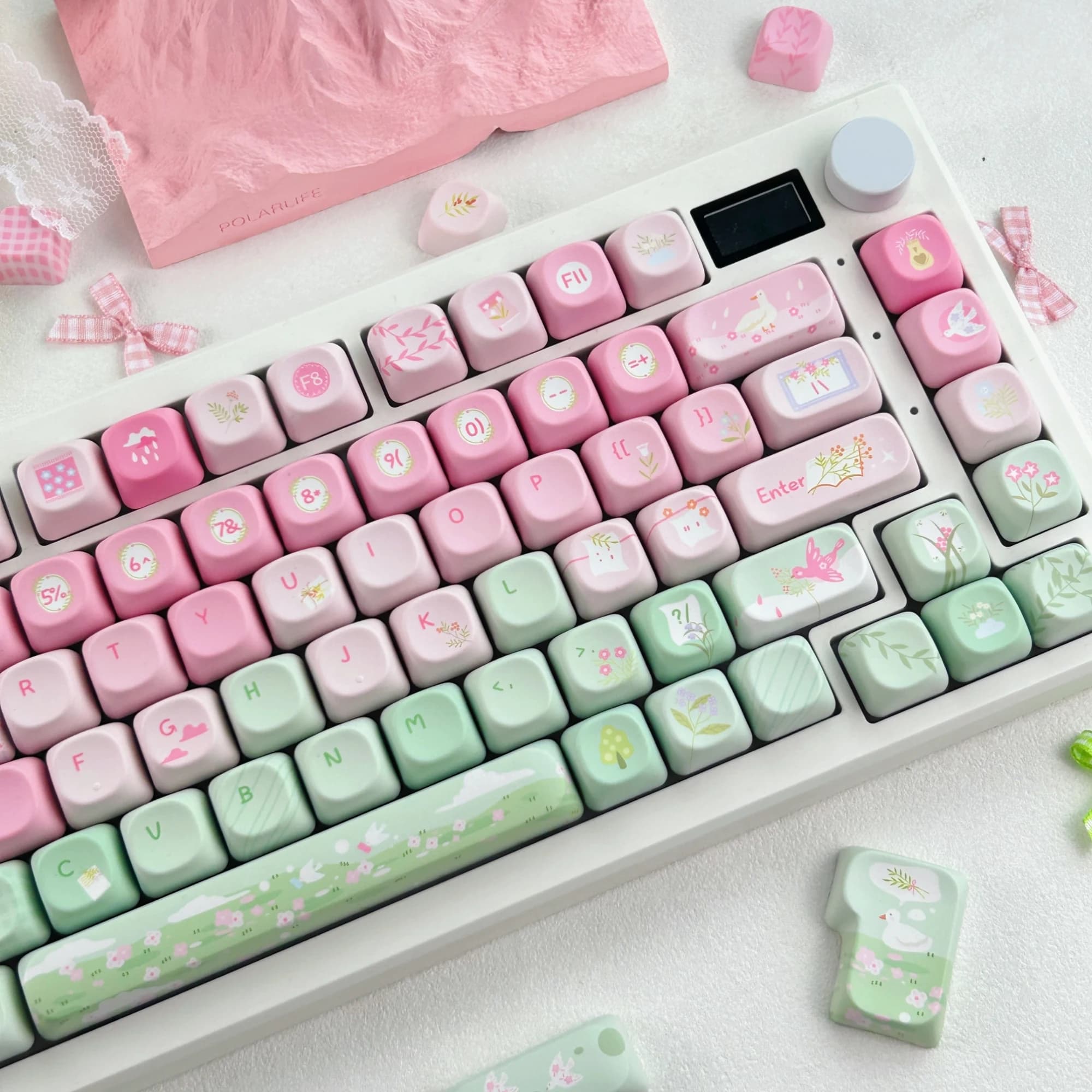 MAIMOOO Spring Story Keycap Korean Russian MOA/Cherry Profile PBT Custom Pink Green Cute Bird Flower Mechanical Keyboard Keycaps