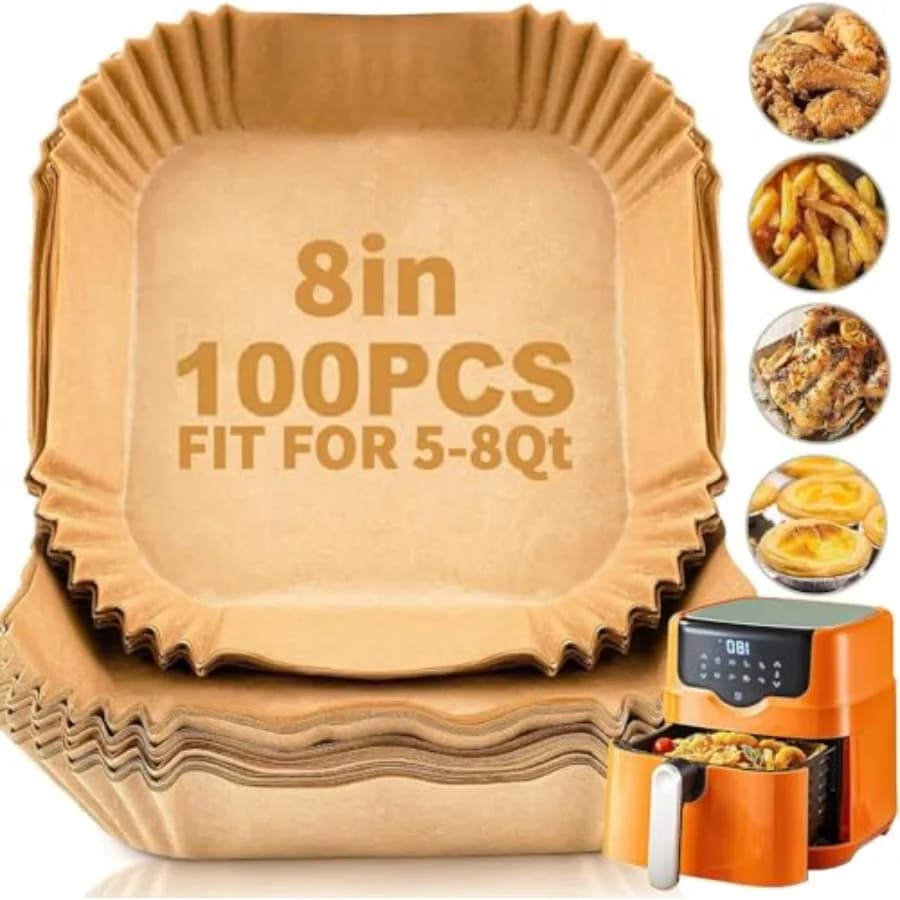 Air Fryer Paper Liners 100Pcs - 8 Inch Square for 5-8 QT Basket, Non-Stick Unbleached Parchment Liners, Microwave Safe Disposab