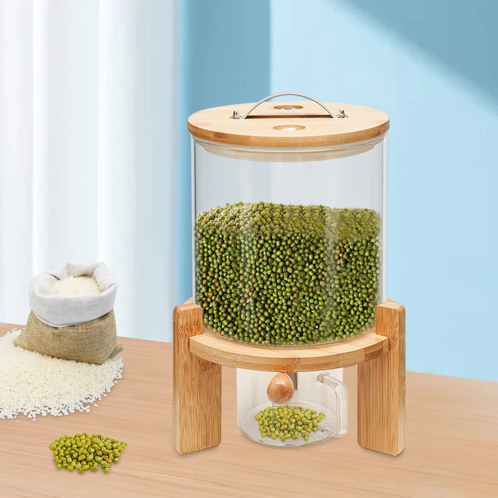 Contenitore per Cereali 5L con Base e Valvola, Dispenser in Vetro Trasparente per Organizzazione Dispensa Cucina