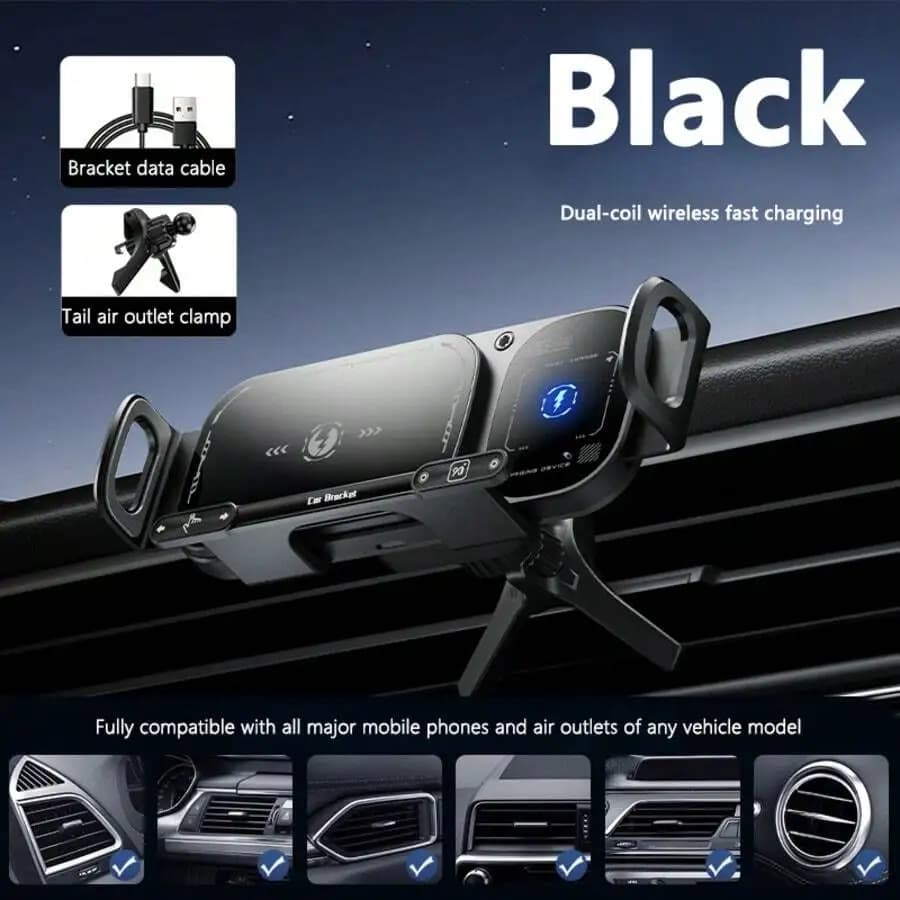 Caricabatterie Wireless per Auto da 15W a Doppia Bobina con Morsetto a Rilevamento Automatico, Display Pieghevole, Cavo USB e Supporto per Bocchetta dell'Aria sul Cruscotto