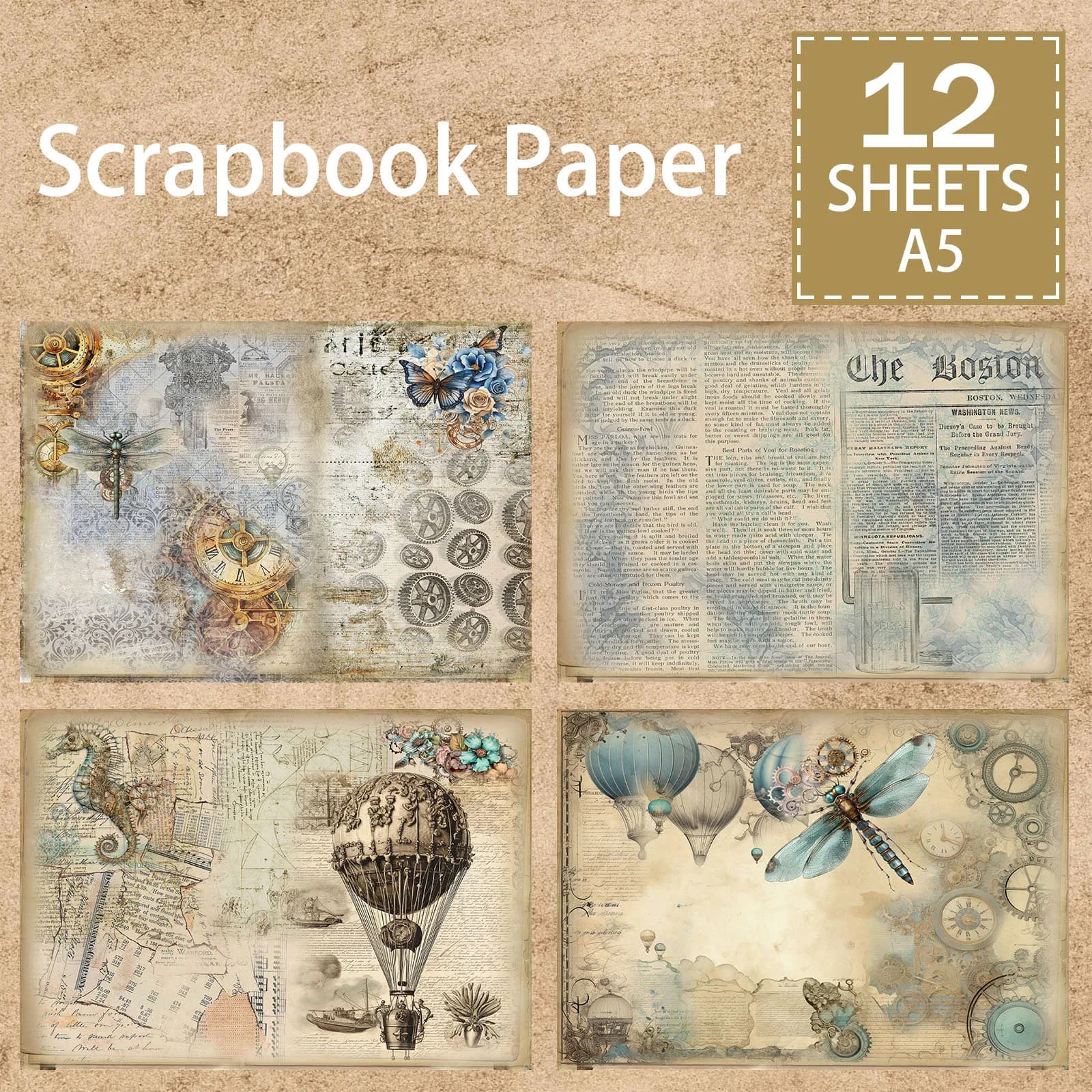 12 fogli formato A5 dirigibile Steampunk realizzato con vecchio giornale ritratto sfondo vintage grunge ufficiale pianificazione scrapbooking