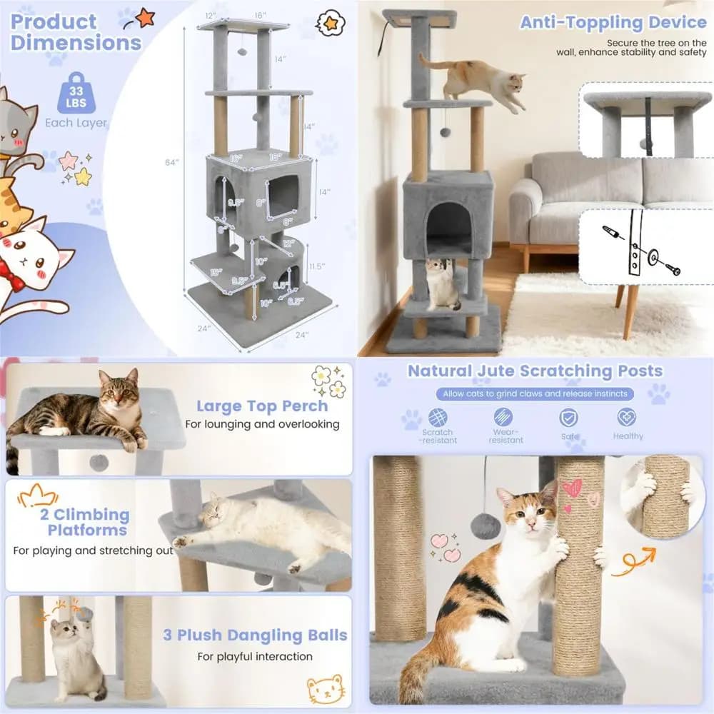 Torre di Gioco per Gatti Grigia da 64 Pollici con Piattaforme in Peluche e Posti per Tirare le Unghie