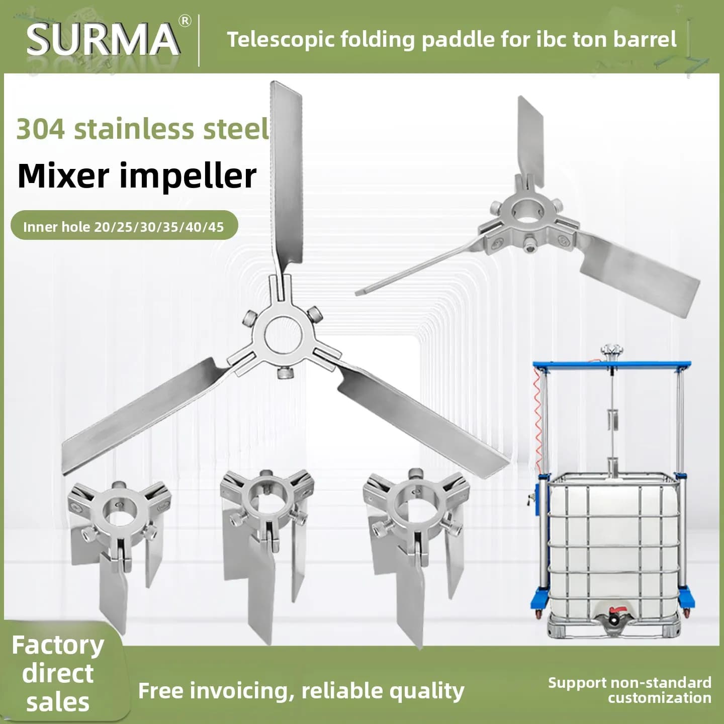 Suruima Asta Telescopica in Acciaio Inox 304 a Forma di Ombrello con Tre Pale per Agitazione e Dispersione in Contenitori IBC e Fusti di Olio