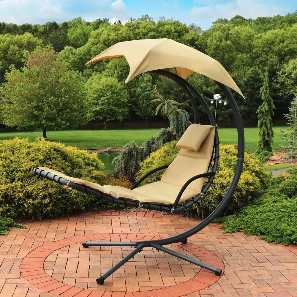 Floating Chaise Lounger Swing Chair with Umbrella Canopy Curved Steel Hammock Lounge Chair with Cushion and Pillow Removable Cu