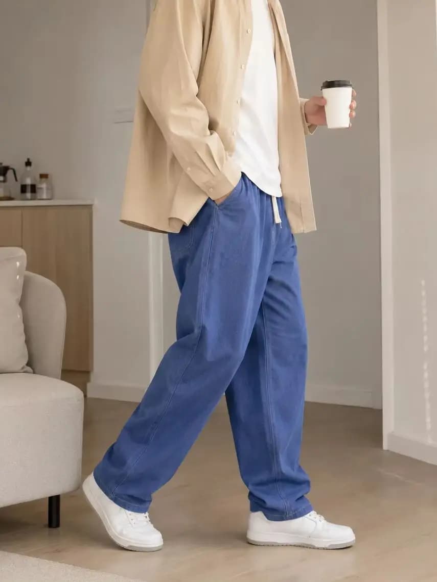Men's Casual Baggy Jeans Loose Straight Leg Autumn Winter Washed Denim Pants Streetwear Drawstring Fashion Trousers Blue Grey