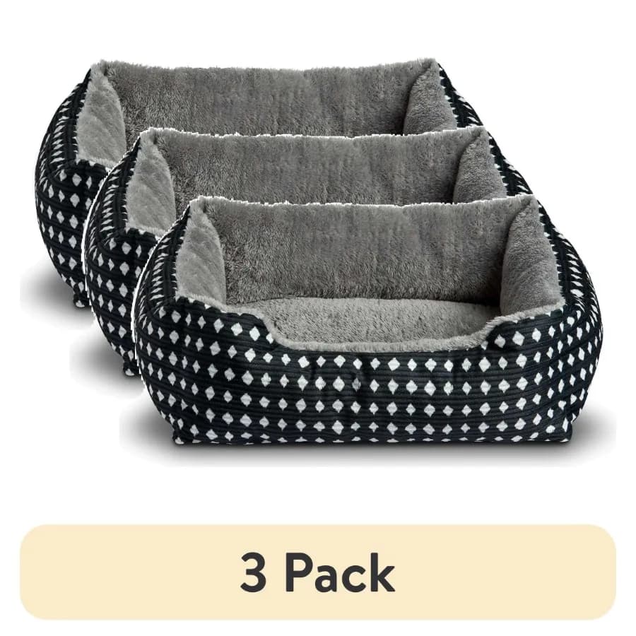 3-Pack Plush Cuddle Bed for Small Dogs Cats and Puppies Cozy Pet Bed with Black White Diamond Pattern 19 x 15