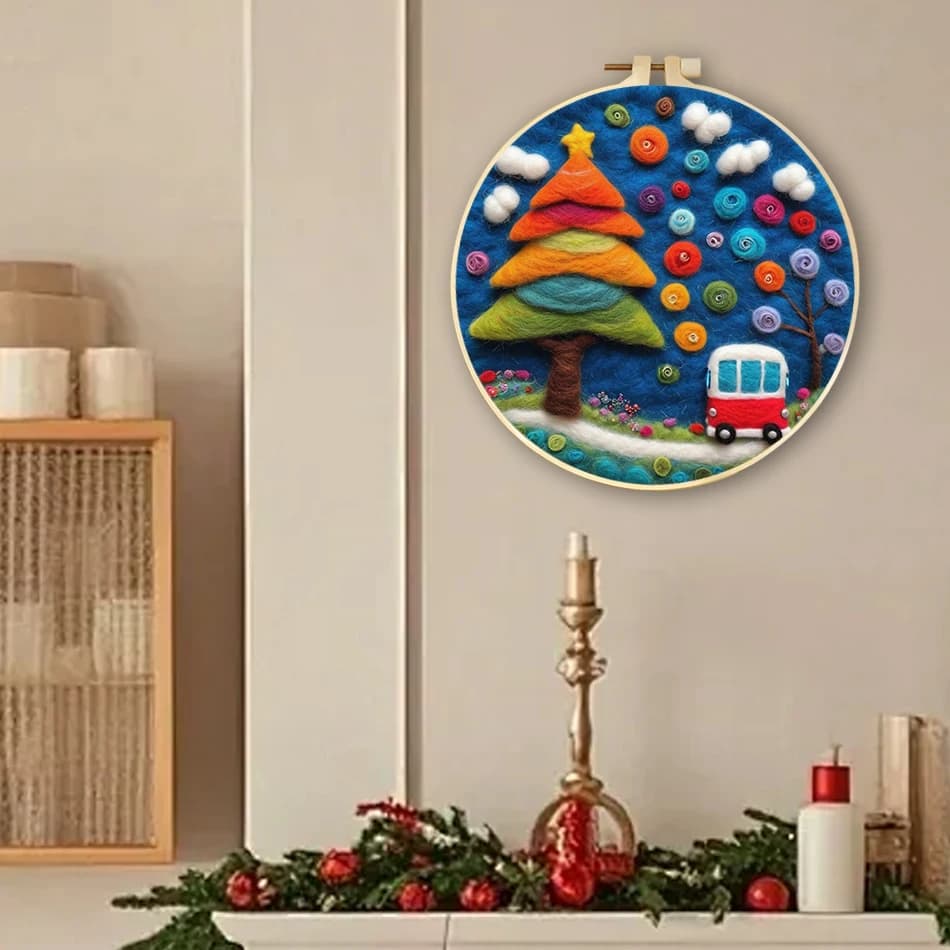 SDOYUNO Kit per Pittura su Feltro di Lana, Paesaggio Automobilistico, Regalo di Natale, Set per Cucito, Ricamo a Punto Croce, Cornice per Lavorazione a Maglia, Set Lana