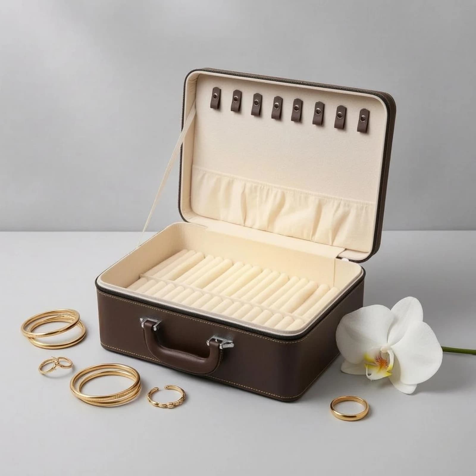 40-Slot Bracelet Case PU Leather Hard-Shell Bracelet Organizer Velvet-Lined Wood Core