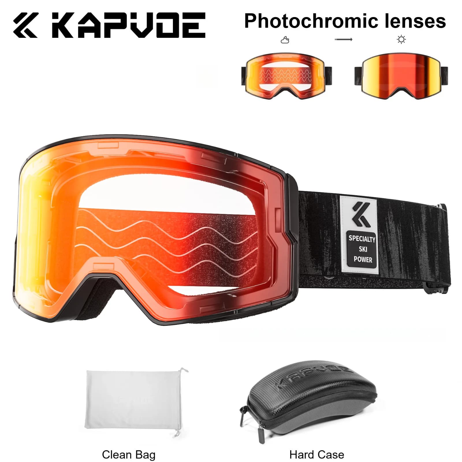 Kapvoe Occhiali da neve fotocromatici con scatola Occhiali da sole da sci per uomo Snowboard Maschera antiappannamento Kit occhiali da donna UV400 Sport invernali