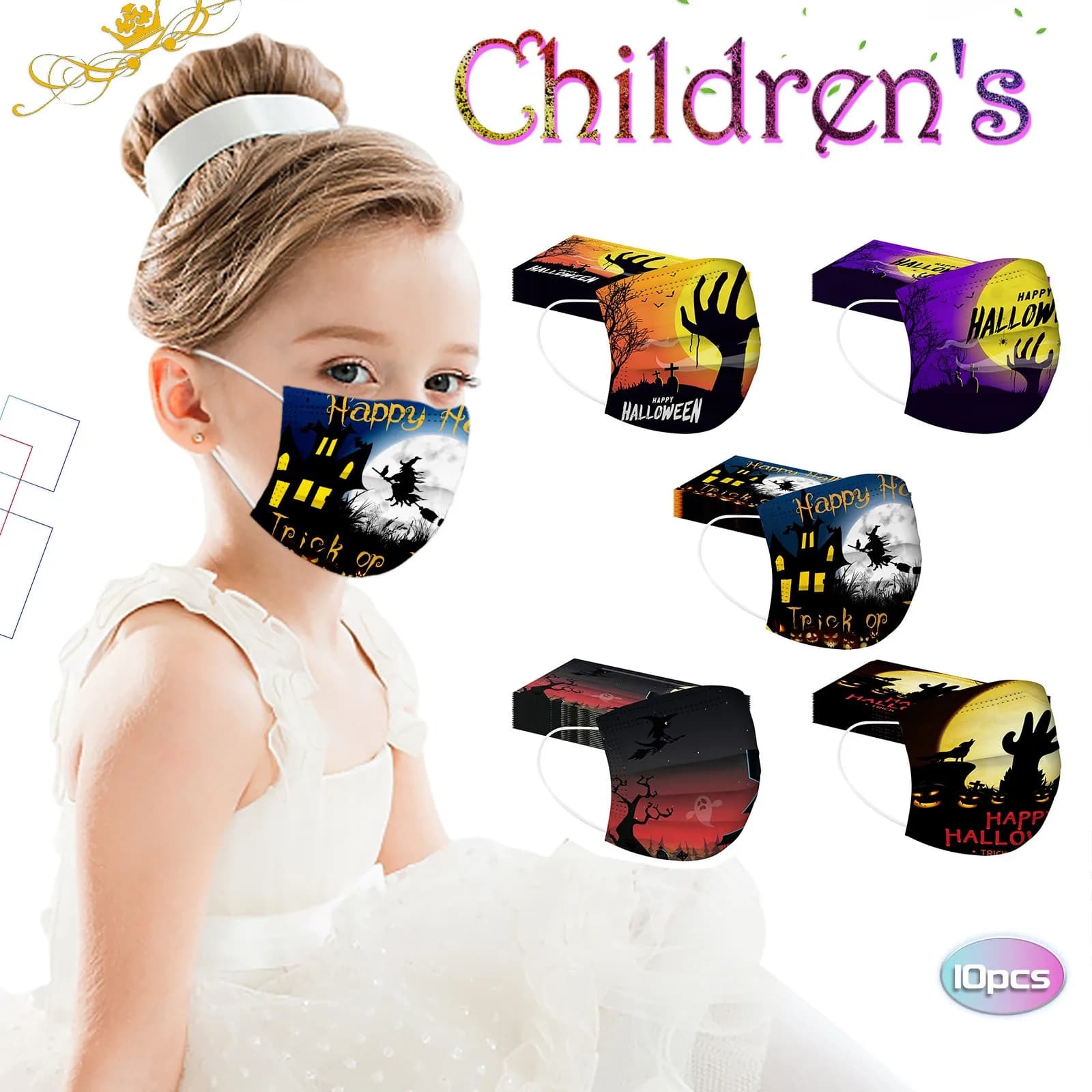 10pcs Children'S Cartoons Halloween Mask Disposable Face Mask Ear Loop Printed Mouthpiece Friendly Disposable Mask