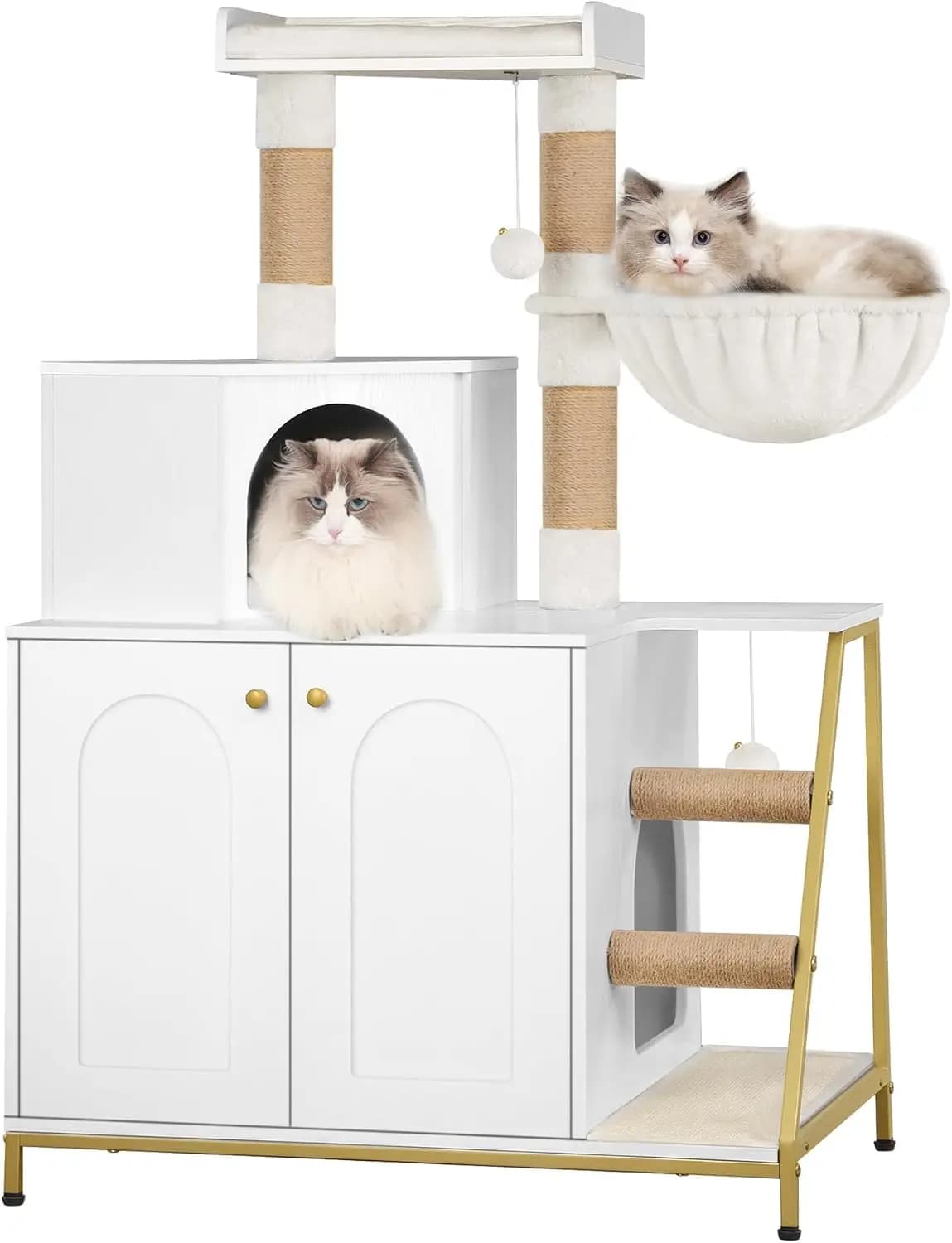 Cat Litter Box Enclosure with Cat Tree, 4-in-1 Modern Cats House with Large Platform, Cats Condo with Sisal Scratching Mat, Post