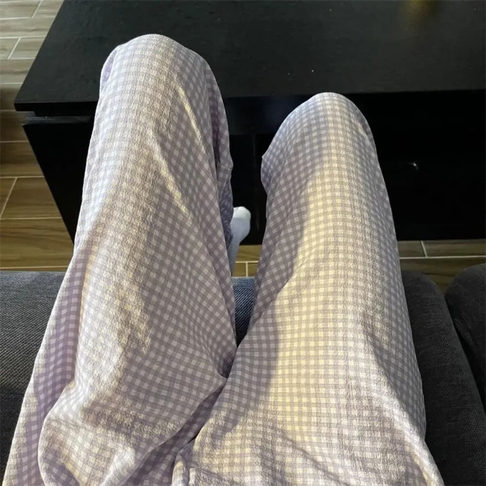 Comfortable Stripe Plaid Casual Pants Women High Waist Pajamas Girls’ Sleepwear Wide Leg Nightwear Sweet Trousers Spring Autumn