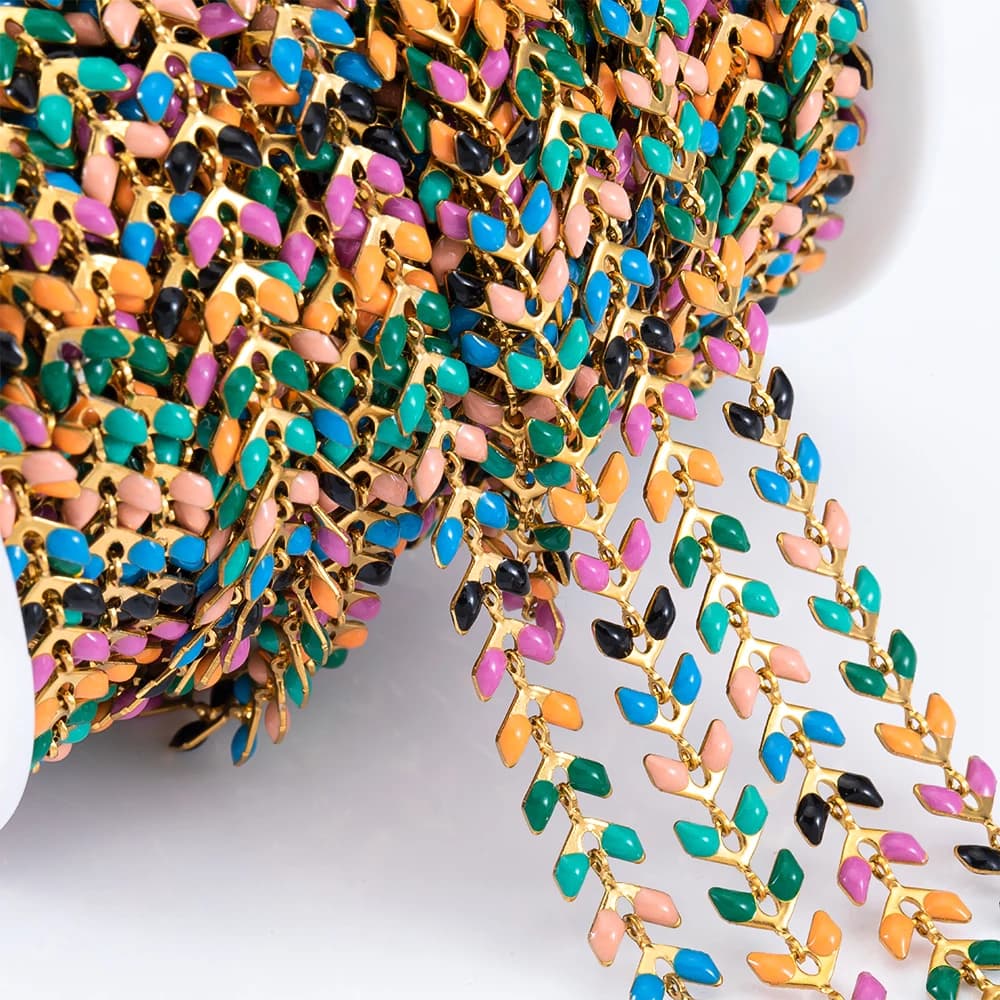 Catena a maglie in foglia smaltata colorata in acciaio inossidabile da 1M catene piane Color oro sfuse per la creazione di gioielli con collana di braccialetti fai da te