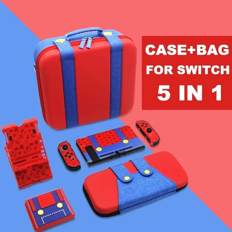 Borsa portaoggetti 10 in 1 per accessori Nintendo Switch, custodia con supporto, scatola per schede di gioco e pellicola protettiva in vetro temperato